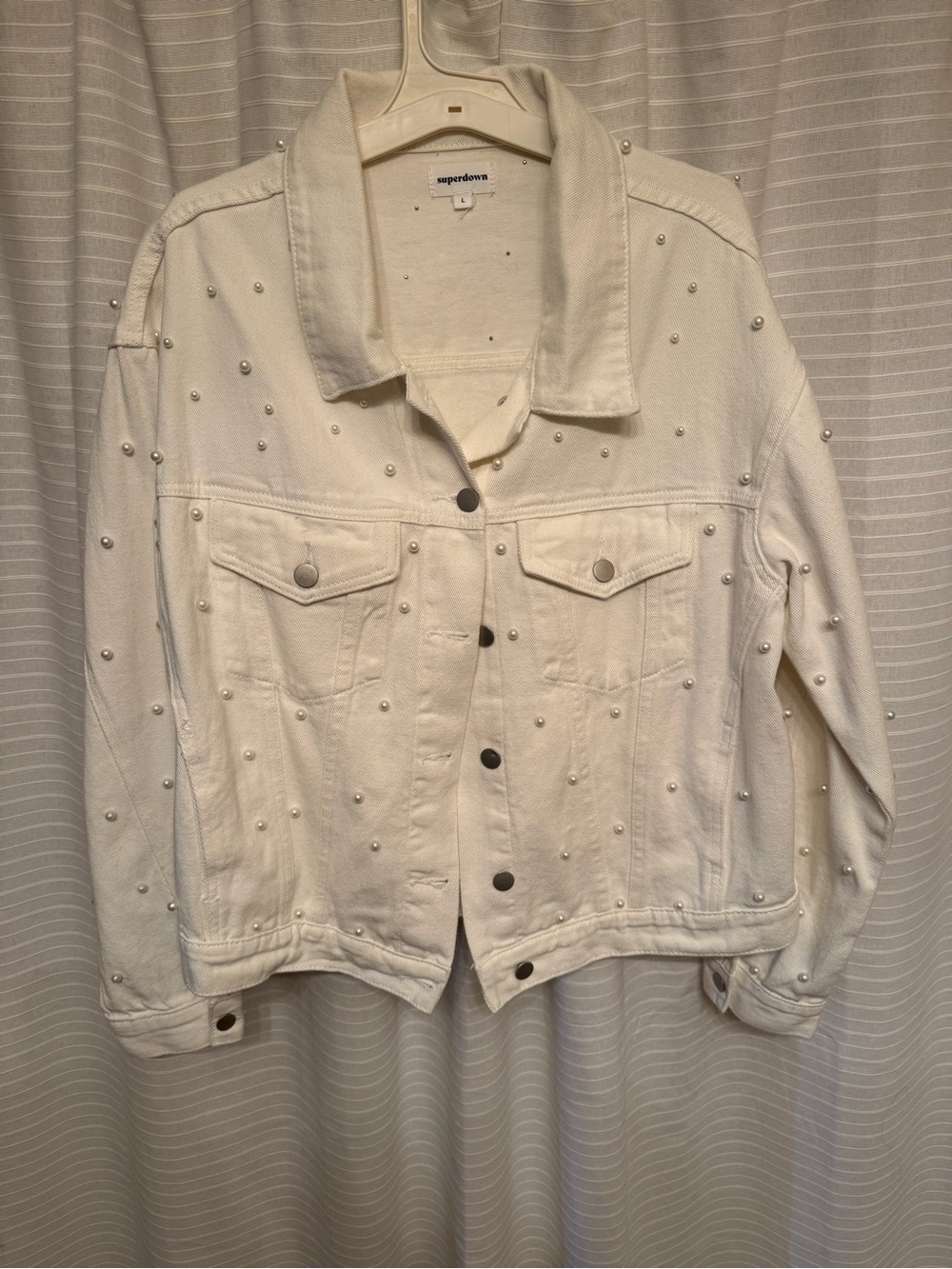 superdown White Pearl-Embellished Denim Jacket